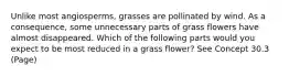 Unlike most angiosperms, grasses are pollinated by wind. As a consequence, some unnecessary parts of grass flowers have almost disappeared. Which of the following parts would you expect to be most reduced in a grass flower? See Concept 30.3 (Page)