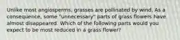 Unlike most angiosperms, grasses are pollinated by wind. As a consequence, some "unnecessary" parts of grass flowers have almost disappeared. Which of the following parts would you expect to be most reduced in a grass flower?