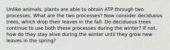 Unlike animals, plants are able to obtain ATP through two processes. What are the two processes? Now consider deciduous trees, which drop their leaves in the fall. Do deciduous trees continue to use both these processes during the winter? If not, how do they stay alive during the winter until they grow new leaves in the spring?