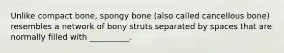 Unlike compact bone, spongy bone (also called cancellous bone) resembles a network of bony struts separated by spaces that are normally filled with __________.