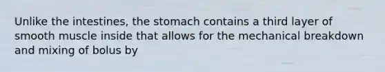 Unlike the intestines, the stomach contains a third layer of smooth muscle inside that allows for the mechanical breakdown and mixing of bolus by