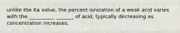 unlike the Ka value, the percent ionization of a weak acid varies with the __________ _______ of acid, typically decreasing as concentration increases.