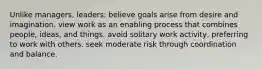 Unlike managers, leaders: believe goals arise from desire and imagination. view work as an enabling process that combines people, ideas, and things. avoid solitary work activity, preferring to work with others. seek moderate risk through coordination and balance.