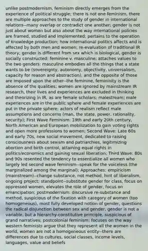 unlike postmodernism, feminism directly emerges from the experience of political struggle; there is not one feminism, there are multiple approaches to the study of gender in international relations--many overlap or contradict one another; gender is not just about women but also about the way international policies are framed, studied and implemented; pertains to the operation of knowledge production; how international politics affects and is affected by both men and women; re-evaluation of traditional IR theory; gender is different from sex which is biological, gender is socially constructed; feminine v. masculine; attaches values to the two genders: masculine embodies all the things that a state wants to be (sovereignty, autonomy, objectivity, universalism, capacity for reason and abstraction), and the opposite of those are imposed upon the other--the feminine, femininity is the absence of the qualities; women are ignored by mainstream IR research, their lives and experiences are excluded in thinking and theorizing in IR, as are female scholars; malestream; male experiences are in the public sphere and female experiences are put in the private sphere; actors of realism reflect male assumptions and concerns (man, the state, power, rationality, security); First Wave Feminism: 19th and early 20th century, North American and European mobilization to gain voting rights and open more professions to women; Second Wave: Late 60s and early 70s, new social movement, dedicated to raising consciousness about sexism and patriarchies, legitimizing abortion and birth control, attaining equal rights in politics/economics and gaining sexual liberation; Third Wave: 80s and 90s resented the tendency to essentialize all women who largely led second wave feminism--speak for the voiceless (the marginalized among the marginal); Approaches: empiricism (mainstream)--change substance, not method, hint of liberalism, ongoing project; standpoint--substitute gender for class, focus on oppressed women, elevates the role of gender, focus on emancipation; postmodernism: discursive re-substance and method, suspicious of the fixation with category of women (too homogeneous), most fully developed notion of gender, questions the radical disjunction between sex and gender, gender is not a variable, but a hierarchy-constitutive principle, suspicious of grand narratives; postcolonial feminism: focuses on the way western feminists argue that they represent all the women in the world, women are not a homogeneous entity--there are differences due to cultures, social classes, income levels, languages, value and beliefs