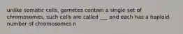 unlike somatic cells, gametes contain a single set of chromosomes, such cells are called ___ and each has a haploid number of chromosomes n