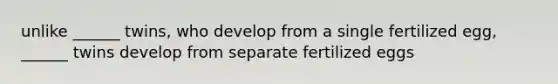 unlike ______ twins, who develop from a single fertilized egg, ______ twins develop from separate fertilized eggs