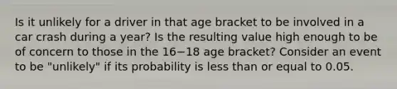 Is it unlikely for a driver in that age bracket to be involved in a car crash during a​ year? Is the resulting value high enough to be of concern to those in the 16−18 age​ bracket? Consider an event to be​ "unlikely" if its probability is less than or equal to 0.05.