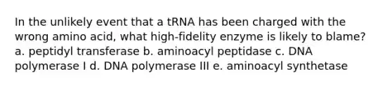 In the unlikely event that a tRNA has been charged with the wrong amino acid, what high-fidelity enzyme is likely to blame? a. peptidyl transferase b. aminoacyl peptidase c. DNA polymerase I d. DNA polymerase III e. aminoacyl synthetase