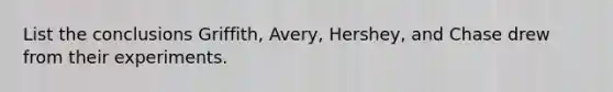 List the conclusions Griffith, Avery, Hershey, and Chase drew from their experiments.