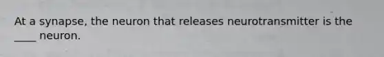 At a synapse, the neuron that releases neurotransmitter is the ____ neuron.