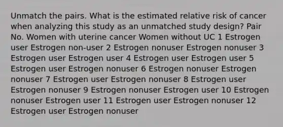 Unmatch the pairs. What is the estimated relative risk of cancer when analyzing this study as an unmatched study design? Pair No. Women with uterine cancer Women without UC 1 Estrogen user Estrogen non-user 2 Estrogen nonuser Estrogen nonuser 3 Estrogen user Estrogen user 4 Estrogen user Estrogen user 5 Estrogen user Estrogen nonuser 6 Estrogen nonuser Estrogen nonuser 7 Estrogen user Estrogen nonuser 8 Estrogen user Estrogen nonuser 9 Estrogen nonuser Estrogen user 10 Estrogen nonuser Estrogen user 11 Estrogen user Estrogen nonuser 12 Estrogen user Estrogen nonuser