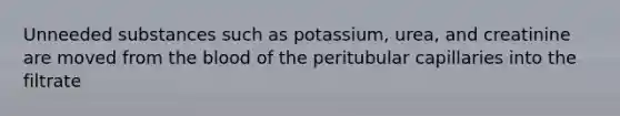 Unneeded substances such as potassium, urea, and creatinine are moved from <a href='https://www.questionai.com/knowledge/k7oXMfj7lk-the-blood' class='anchor-knowledge'>the blood</a> of the peritubular capillaries into the filtrate