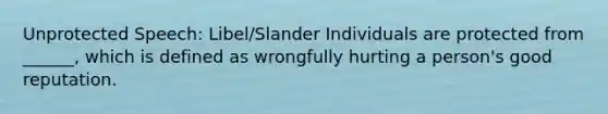 Unprotected Speech: Libel/Slander Individuals are protected from ______, which is defined as wrongfully hurting a person's good reputation.