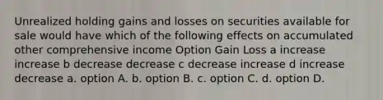 Unrealized holding gains and losses on securities available for sale would have which of the following effects on accumulated other comprehensive income Option Gain Loss a increase increase b decrease decrease c decrease increase d increase decrease a. option A. b. option B. c. option C. d. option D.