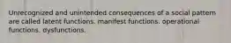 Unrecognized and unintended consequences of a social pattern are called latent functions. manifest functions. operational functions. dysfunctions.