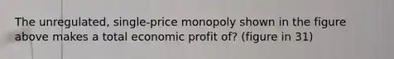 The unregulated, single-price monopoly shown in the figure above makes a total economic profit of? (figure in 31)