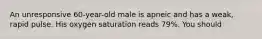 An unresponsive 60-year-old male is apneic and has a weak, rapid pulse. His oxygen saturation reads 79%. You should