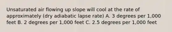 Unsaturated air flowing up slope will cool at the rate of approximately (dry adiabatic lapse rate) A. 3 degrees per 1,000 feet B. 2 degrees per 1,000 feet C. 2.5 degrees per 1,000 feet