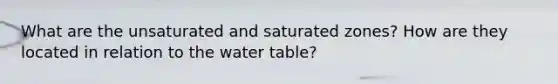 What are the unsaturated and saturated zones? How are they located in relation to <a href='https://www.questionai.com/knowledge/kra6qgcwqy-the-water-table' class='anchor-knowledge'>the water table</a>?