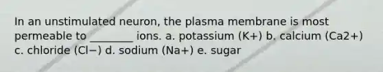 In an unstimulated neuron, the plasma membrane is most permeable to ________ ions. a. potassium (K+) b. calcium (Ca2+) c. chloride (Cl−) d. sodium (Na+) e. sugar