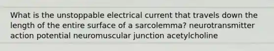 What is the unstoppable electrical current that travels down the length of the entire surface of a sarcolemma? neurotransmitter action potential neuromuscular junction acetylcholine