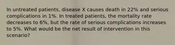 In untreated patients, disease X causes death in 22% and serious complications in 1%. In treated patients, the mortality rate decreases to 6%, but the rate of serious complications increases to 5%. What would be the net result of intervention in this scenario?