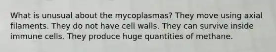 What is unusual about the mycoplasmas? They move using axial filaments. They do not have cell walls. They can survive inside immune cells. They produce huge quantities of methane.