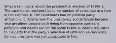 What was unusual about the presidential election of 1796? a. The candidates received the same number of votes due to a flaw in the election. b. The candidates had no political party affiliations. c. Adams won the presidency and Jefferson became vice president despite both being from opposite parties. d. Jefferson and Adams ran on the same ticket. e. Adams indicated to his party that the party's selection of Jefferson as candidate for vice president was not acceptable to him.