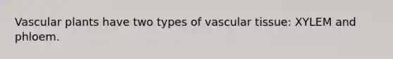 <a href='https://www.questionai.com/knowledge/kbaUXKuBoK-vascular-plants' class='anchor-knowledge'>vascular plants</a> have two types of <a href='https://www.questionai.com/knowledge/k1HVFq17mo-vascular-tissue' class='anchor-knowledge'>vascular tissue</a>: XYLEM and phloem.