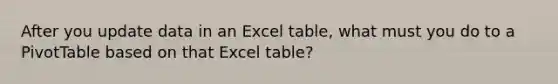 After you update data in an Excel table, what must you do to a PivotTable based on that Excel table?