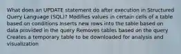 What does an UPDATE statement do after execution in Structured Query Language (SQL)? Modifies values in certain cells of a table based on conditions Inserts new rows into the table based on data provided in the query Removes tables based on the query Creates a temporary table to be downloaded for analysis and visualization