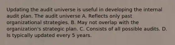 Updating the audit universe is useful in developing the internal audit plan. The audit universe A. Reflects only past organizational strategies. B. May not overlap with the organization's strategic plan. C. Consists of all possible audits. D. Is typically updated every 5 years.