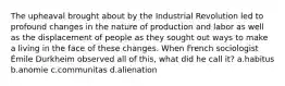 The upheaval brought about by the Industrial Revolution led to profound changes in the nature of production and labor as well as the displacement of people as they sought out ways to make a living in the face of these changes. When French sociologist Émile Durkheim observed all of this, what did he call it? a.habitus b.anomie c.communitas d.alienation