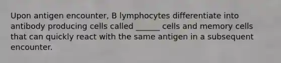 Upon antigen encounter, B lymphocytes differentiate into antibody producing cells called ______ cells and memory cells that can quickly react with the same antigen in a subsequent encounter.