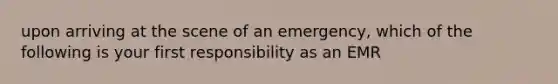 upon arriving at the scene of an emergency, which of the following is your first responsibility as an EMR