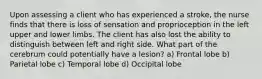 Upon assessing a client who has experienced a stroke, the nurse finds that there is loss of sensation and proprioception in the left upper and lower limbs. The client has also lost the ability to distinguish between left and right side. What part of the cerebrum could potentially have a lesion? a) Frontal lobe b) Parietal lobe c) Temporal lobe d) Occipital lobe