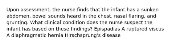 Upon assessment, the nurse finds that the infant has a sunken abdomen, bowel sounds heard in the chest, nasal flaring, and grunting. What clinical condition does the nurse suspect the infant has based on these findings? Epispadias A ruptured viscus A diaphragmatic hernia Hirschsprung's disease