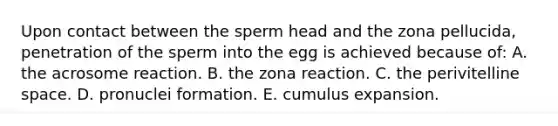 Upon contact between the sperm head and the zona pellucida, penetration of the sperm into the egg is achieved because of: A. the acrosome reaction. B. the zona reaction. C. the perivitelline space. D. pronuclei formation. E. cumulus expansion.