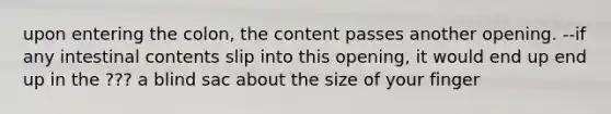 upon entering the colon, the content passes another opening. --if any intestinal contents slip into this opening, it would end up end up in the ??? a blind sac about the size of your finger