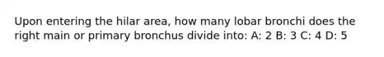 Upon entering the hilar area, how many lobar bronchi does the right main or primary bronchus divide into: A: 2 B: 3 C: 4 D: 5