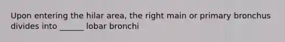 Upon entering the hilar area, the right main or primary bronchus divides into ______ lobar bronchi