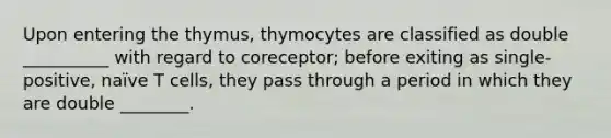 Upon entering the thymus, thymocytes are classified as double __________ with regard to coreceptor; before exiting as single-positive, naïve T cells, they pass through a period in which they are double ________.