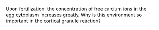 Upon fertilization, the concentration of free calcium ions in the egg cytoplasm increases greatly. Why is this environment so important in the cortical granule reaction?