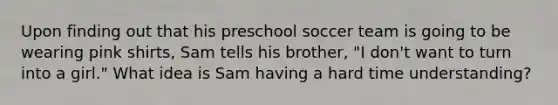 Upon finding out that his preschool soccer team is going to be wearing pink shirts, Sam tells his brother, "I don't want to turn into a girl." What idea is Sam having a hard time understanding?