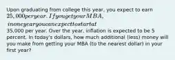 Upon graduating from college this year, you expect to earn 25,000 per year. If you get your MBA, in one year you can expect to start at35,000 per year. Over the year, inflation is expected to be 5 percent. In today's dollars, how much additional (less) money will you make from getting your MBA (to the nearest dollar) in your first year?