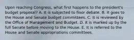 Upon reaching Congress, what first happens to the president's budget proposal? A. It is subjected to floor debate. B. It goes to the House and Senate budget committees. C. It is reviewed by the Office of Management and Budget. D. It is marked up by the full Senate before moving to the House. E. It is referred to the House and Senate appropriations committees.