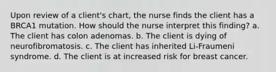 Upon review of a client's chart, the nurse finds the client has a BRCA1 mutation. How should the nurse interpret this finding? a. The client has colon adenomas. b. The client is dying of neurofibromatosis. c. The client has inherited Li-Fraumeni syndrome. d. The client is at increased risk for breast cancer.