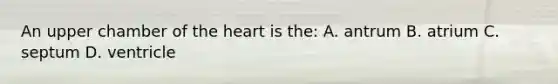 An upper chamber of the heart is the: A. antrum B. atrium C. septum D. ventricle