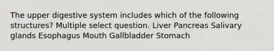 The upper digestive system includes which of the following structures? Multiple select question. Liver Pancreas Salivary glands Esophagus Mouth Gallbladder Stomach