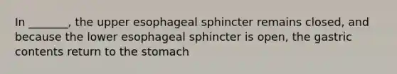 In _______, the upper esophageal sphincter remains closed, and because the lower esophageal sphincter is open, the gastric contents return to <a href='https://www.questionai.com/knowledge/kLccSGjkt8-the-stomach' class='anchor-knowledge'>the stomach</a>